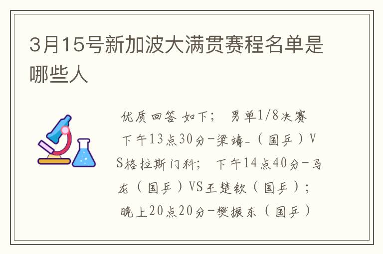 3月15号新加波大满贯赛程名单是哪些人