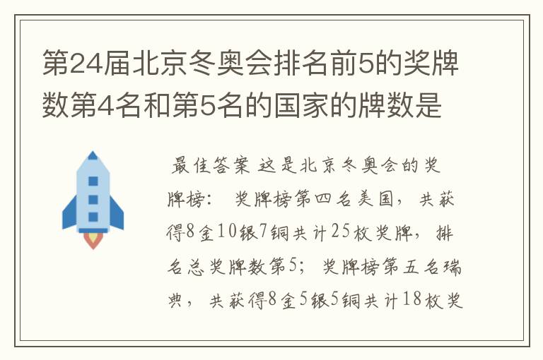 第24届北京冬奥会排名前5的奖牌数第4名和第5名的国家的牌数是多少？
