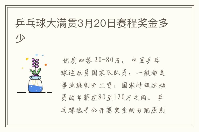 乒乓球大满贯3月20日赛程奖金多少