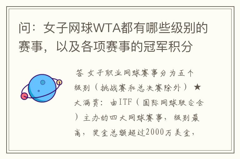 问:女子网球WTA都有哪些级别的赛事,以及各项赛事的冠军积分,求解