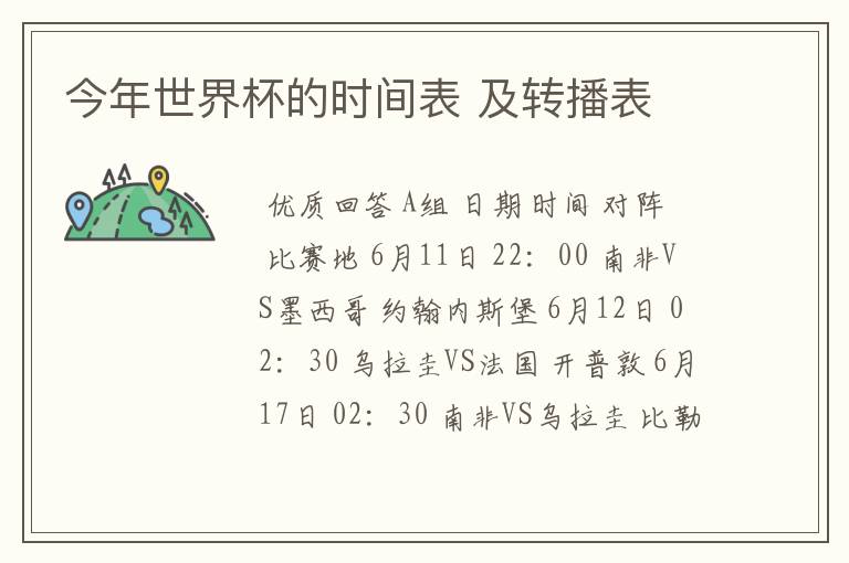 今年世界杯的时间表 及转播表