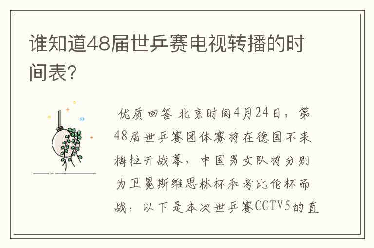 谁知道48届世乒赛电视转播的时间表?