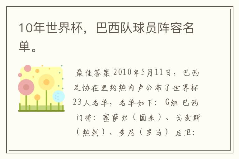 10年世界杯,巴西队球员阵容名单。