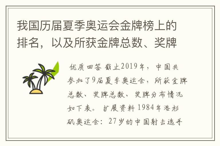 我国历届夏季奥运会金牌榜上的排名,以及所获金牌总数、奖牌总数、奖牌分布等情况。