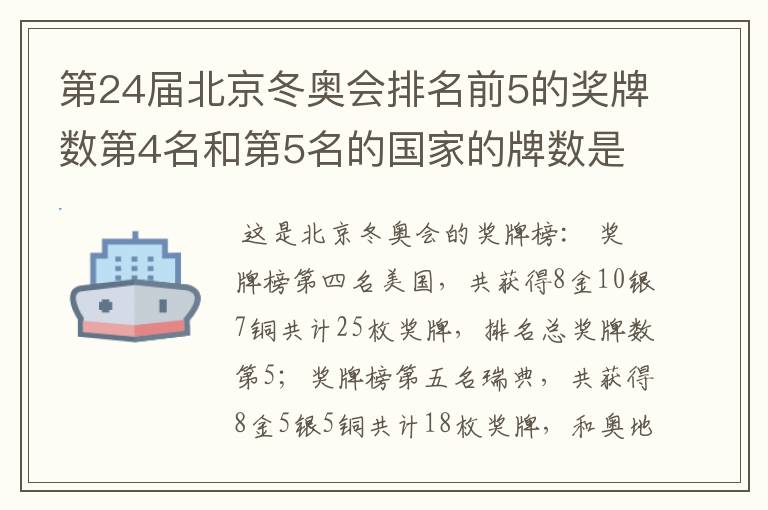第24届北京冬奥会排名前5的奖牌数第4名和第5名的国家的牌数是多少?