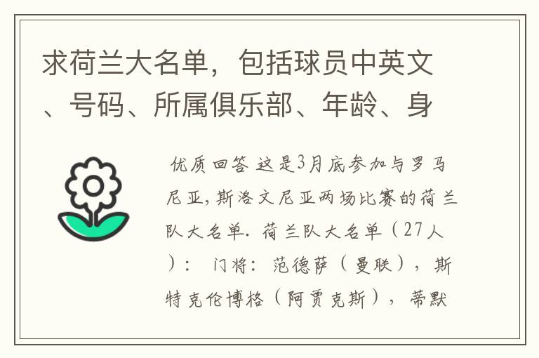 求荷兰大名单,包括球员中英文、号码、所属俱乐部、年龄、身高、位置。有曾效力的球队最好