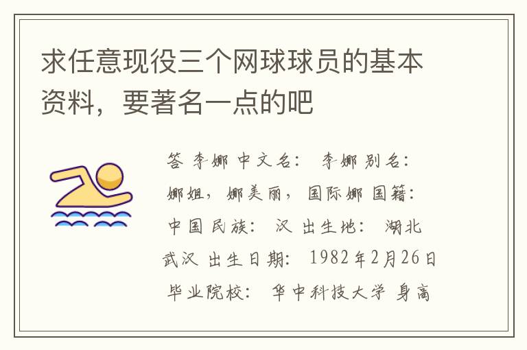 求任意现役三个网球球员的基本资料,要著名一点的吧