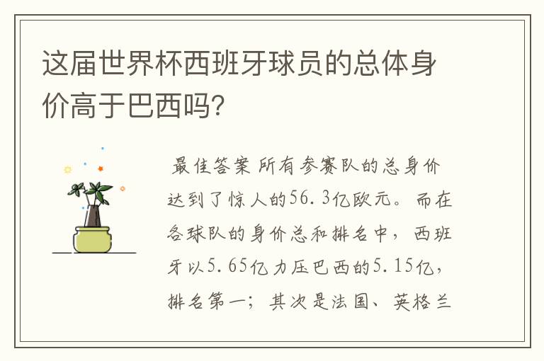 这届世界杯西班牙球员的总体身价高于巴西吗?