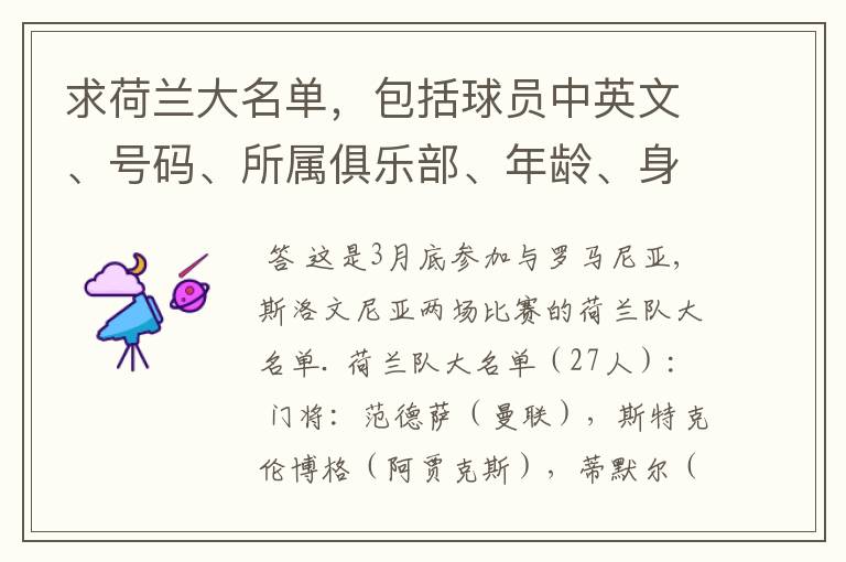 求荷兰大名单,包括球员中英文、号码、所属俱乐部、年龄、身高、位置。有曾效力的球队最好