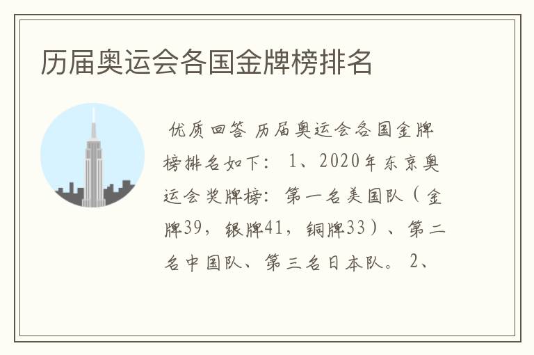 历届奥运会各国金牌榜排名