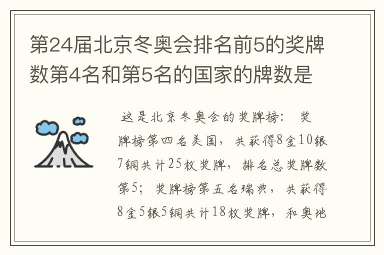 第24届北京冬奥会排名前5的奖牌数第4名和第5名的国家的牌数是多少?