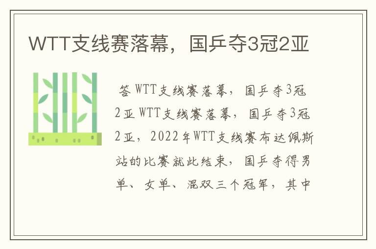 WTT支线赛落幕,国乒夺3冠2亚
