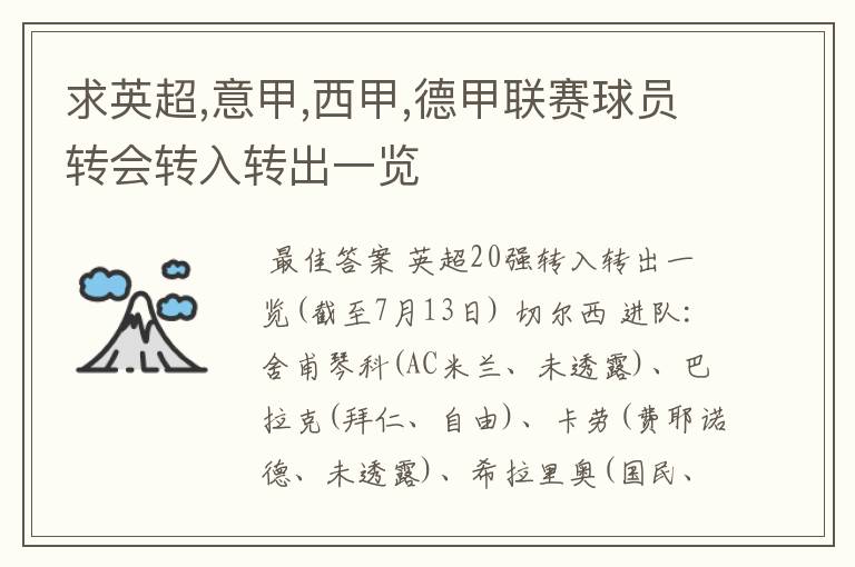 求英超,意甲,西甲,德甲联赛球员转会转入转出一览
