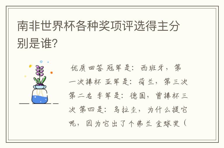 南非世界杯各种奖项评选得主分别是谁?