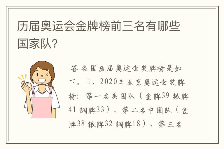 历届奥运会金牌榜前三名有哪些国家队?