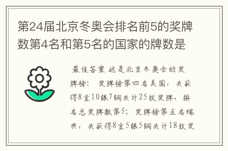 第24届北京冬奥会排名前5的奖牌数第4名和第5名的国家的牌数是多少?
