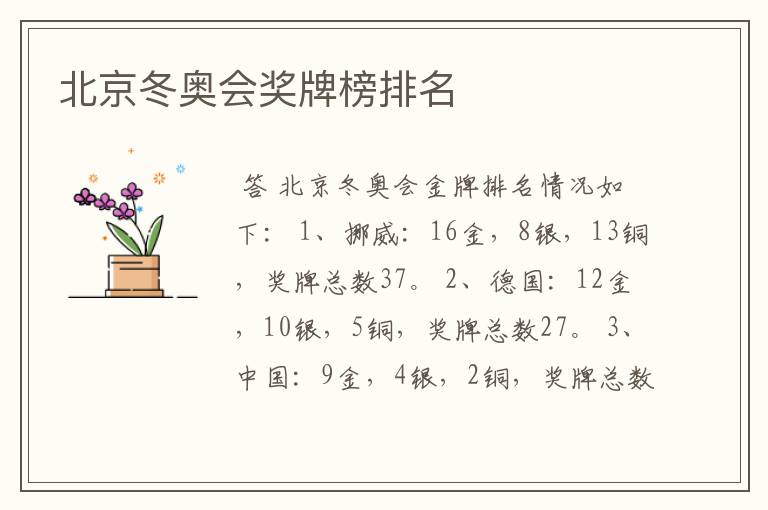 北京冬奥会奖牌榜排名