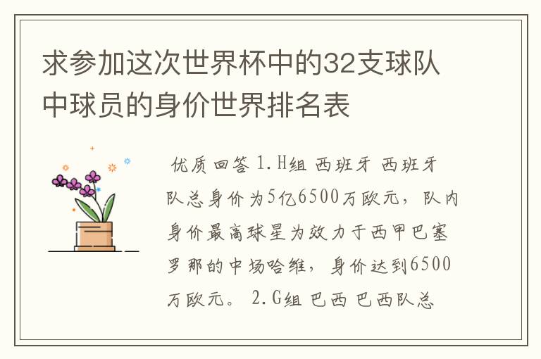 求参加这次世界杯中的32支球队中球员的身价世界排名表