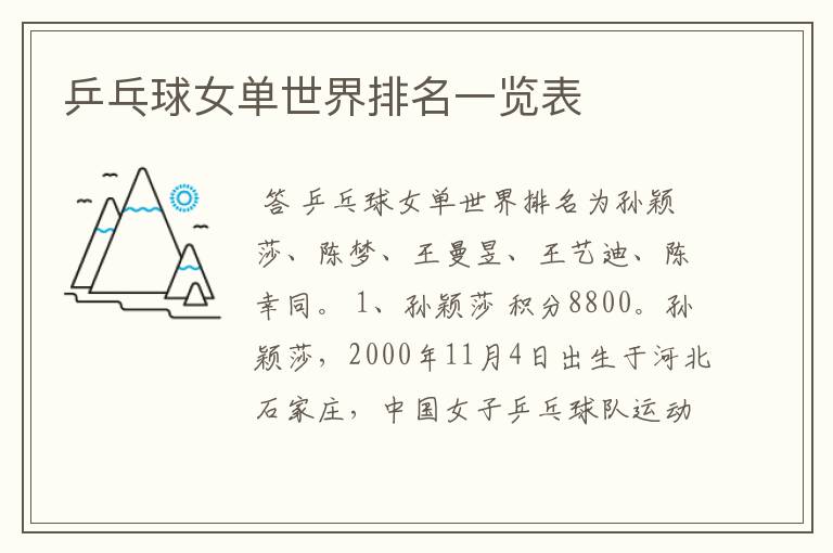乒乓球女单世界排名一览表