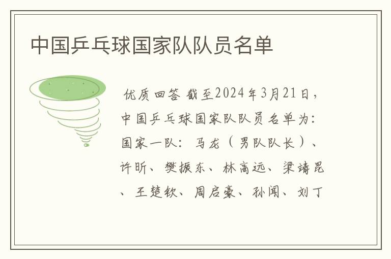 中国乒乓球国家队队员名单