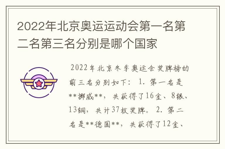 2022年北京奥运运动会第一名第二名第三名分别是哪个国家