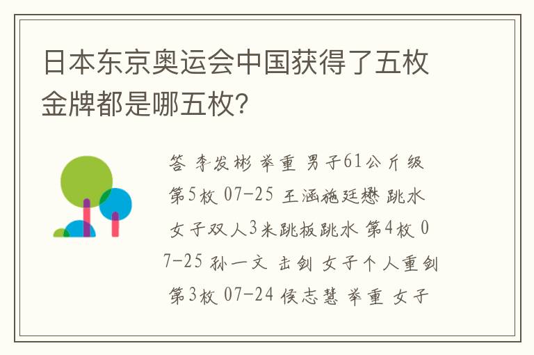 日本东京奥运会中国获得了五枚金牌都是哪五枚?