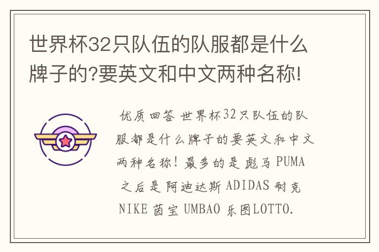 世界杯32只队伍的队服都是什么牌子的?要英文和中文两种名称!
