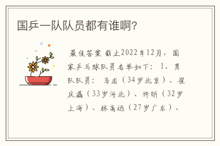 国乒一队队员都有谁啊?