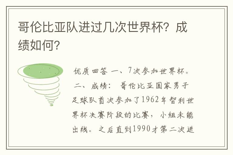 哥伦比亚队进过几次世界杯?成绩如何?