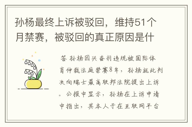 孙杨最终上诉被驳回,维持51个月禁赛,被驳回的真正原因是什么?