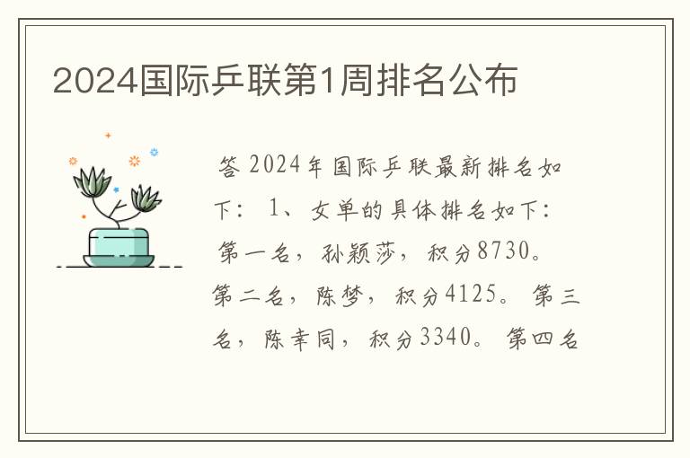 2024国际乒联第1周排名公布