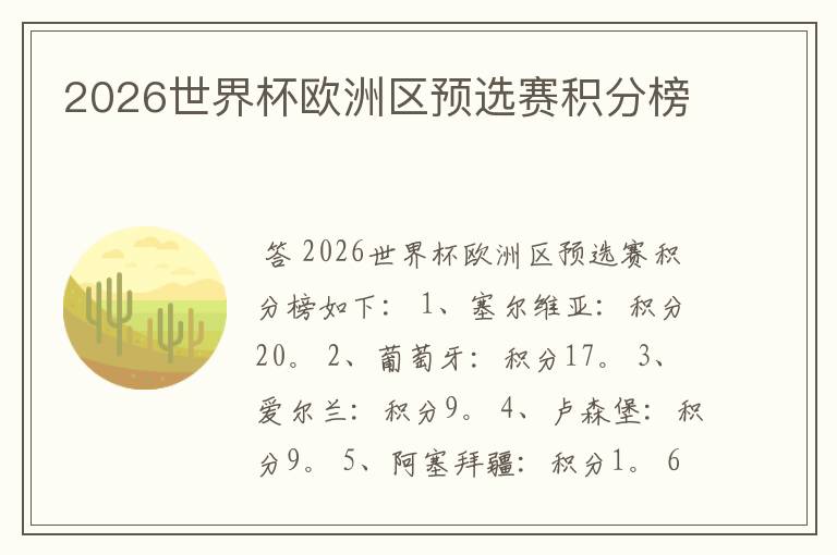 2026世界杯欧洲区预选赛积分榜