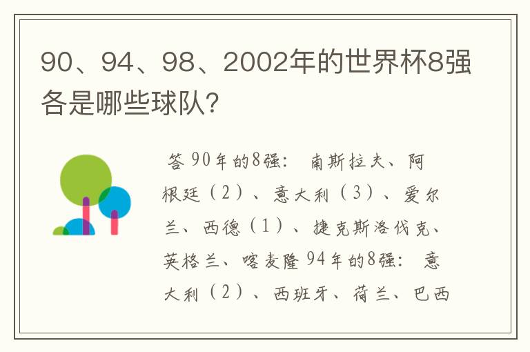 90、94、98、2002年的世界杯8强各是哪些球队?