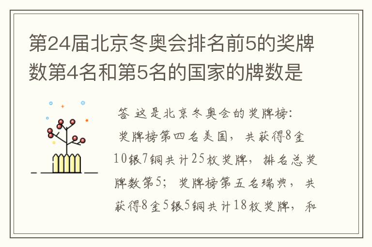 第24届北京冬奥会排名前5的奖牌数第4名和第5名的国家的牌数是多少?