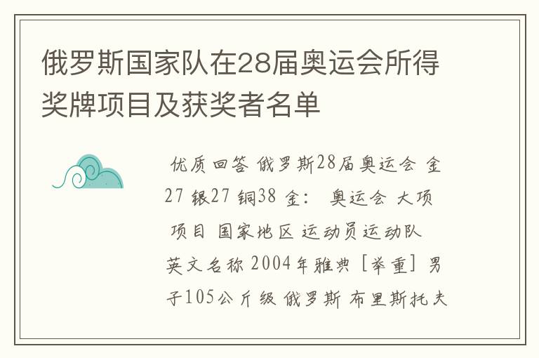 俄罗斯国家队在28届奥运会所得奖牌项目及获奖者名单