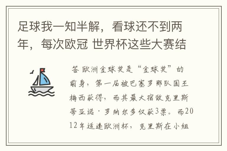 足球我一知半解,看球还不到两年,每次欧冠 世界杯这些大赛结束后不是都要评什么金球奖,金靴奖什么的吗?