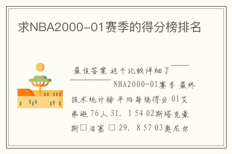 求NBA2000-01赛季的得分榜排名