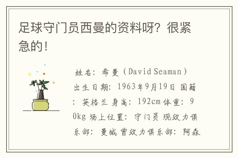 足球守门员西曼的资料呀?很紧急的!