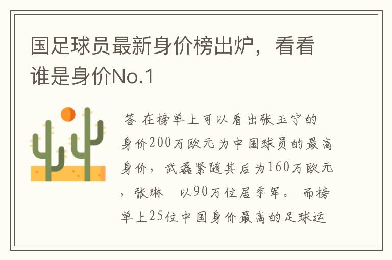 国足球员最新身价榜出炉,看看谁是身价No.1