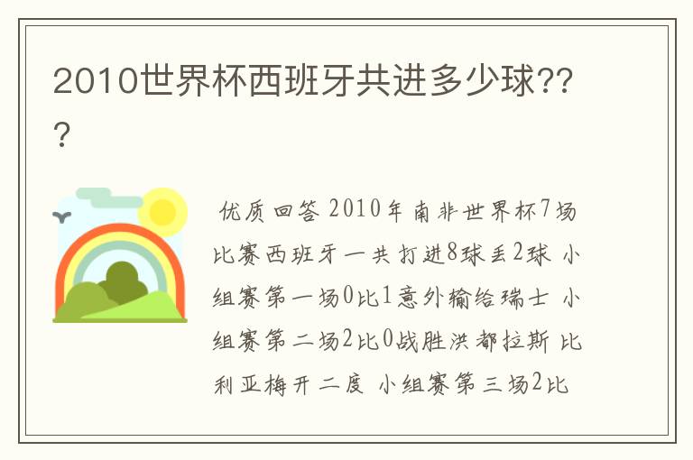 2010世界杯西班牙共进多少球???