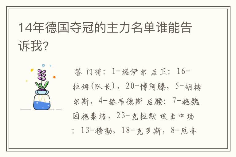 14年德国夺冠的主力名单谁能告诉我?