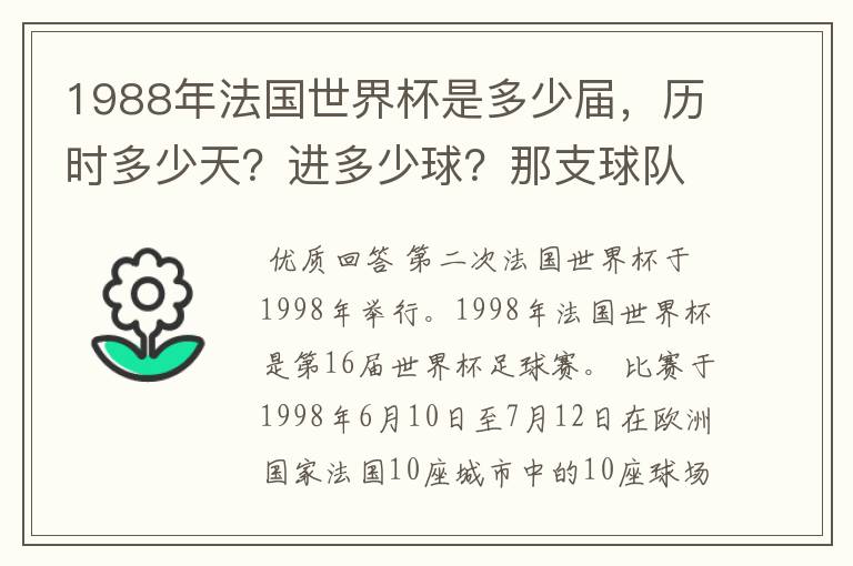 1988年法国世界杯是多少届,历时多少天?进多少球?那支球队是第一次参加世界杯?