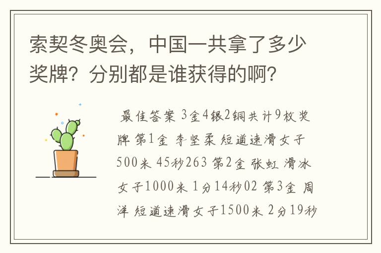 索契冬奥会,中国一共拿了多少奖牌?分别都是谁获得的啊?