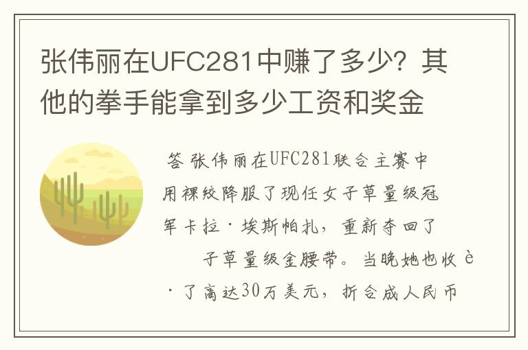 张伟丽在UFC281中赚了多少?其他的拳手能拿到多少工资和奖金?