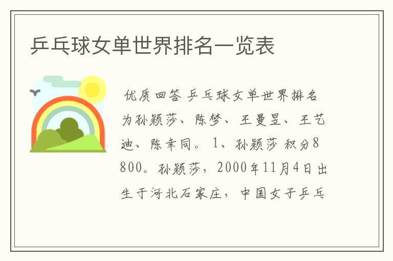 乒乓球女单世界排名一览表