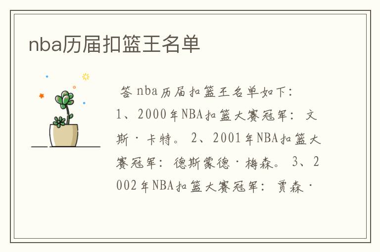 nba历届扣篮王名单