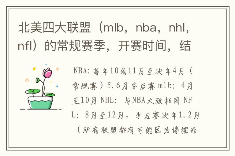 北美四大联盟(mlb,nba,nhl,nfl)的常规赛季,开赛时间,结束时间,等一下详细的信息!求帮助啊!