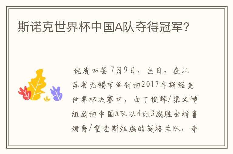 斯诺克世界杯中国A队夺得冠军？