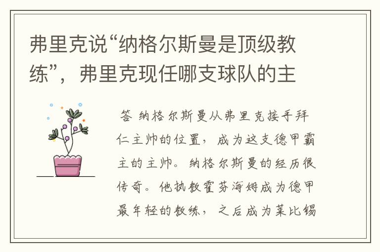 弗里克说“纳格尔斯曼是顶级教练”,弗里克现任哪支球队的主帅?