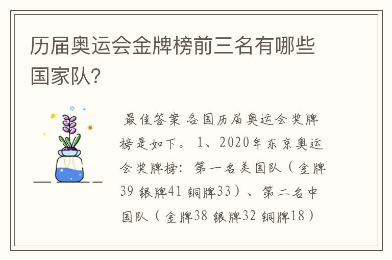 历届奥运会金牌榜前三名有哪些国家队?